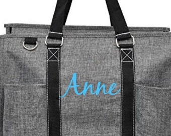 Personalized Tote Bag Name Embroidery Custom Monogram Teacher Gift Thank You Bff Shower Utility Work Organization Spacious Pocket Gray