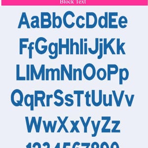 May include: A blue font chart with the letters of the alphabet and numbers 1 through 9. The font is a block style. The text "M&J Monograms" and "Block Text" are at the top of the chart.
