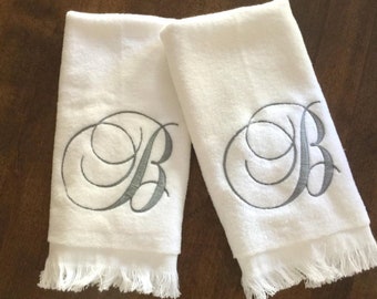 TWO Single Initial Embroidered Towels - Monogrammed Guest Towel Set - Wedding Gift - Monogram Gift - Fingertip Towel - Monogrammed Towel