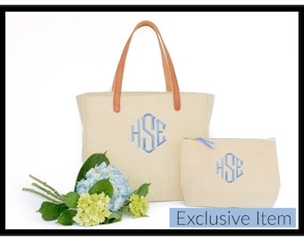 Monogrammed Canvas Tote Leather Handle Travel Bag Matching Set Custom Initial Embroidered Weekend Wedding Accessory Bridesmaid Gift Bride
