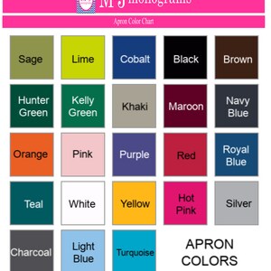 Puede incluir: Carta de colores de delantales con una variedad de colores, incluyendo salvia, lima, cobalto, negro y marr&oacute;n. Otros colores son verde cazador, verde kelly, caqui, granate, azul marino, naranja, rosa, morado, rojo, azul real, turquesa, blanco, amarillo, rosa intenso, plata, carb&oacute;n, azul claro y turquesa.