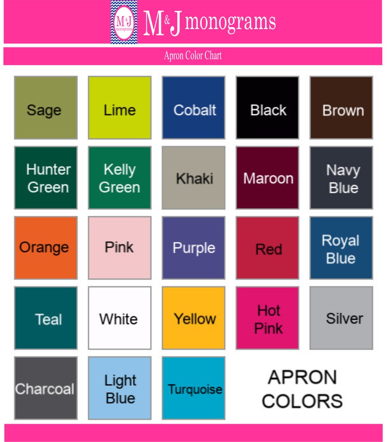 Puede incluir: Carta de colores de delantales con una variedad de colores, incluyendo salvia, lima, cobalto, negro y marr&oacute;n. Otros colores son verde cazador, verde kelly, caqui, granate, azul marino, naranja, rosa, morado, rojo, azul real, turquesa, blanco, amarillo, rosa intenso, plata, carb&oacute;n, azul claro y turquesa.