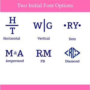 May include: A graphic display titled Two Initial Font Options featuring six dark blue monogram styles: Horizontal with H over T, Vertical with W and G separated by a line, Dots with RY between dots, Ampersand with M&A, PB, and Diamond with RC in a diamond.
