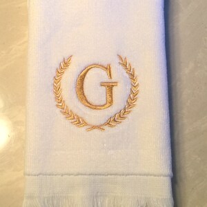 Monogrammed Guest Towel Bathroom Decor White Initial Embroidery Wreath Design Personalized Gift Wedding Party Powder Room Fingertip Custom image 1