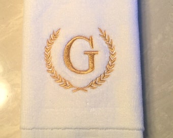 Monogrammed Guest Towel Bathroom Decor White Initial Embroidery Wreath Design Personalized Gift Wedding Party Powder Room Fingertip Custom