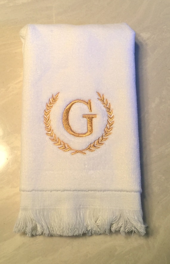 Monogrammed Guest Towel Bathroom Decor White Initial Embroidery Wreath Design Personalized Gift Wedding Party Powder Room Fingertip Custom