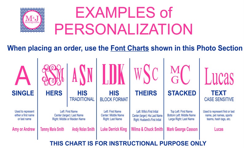 Puede incluir: Un gr&aacute;fico que muestra ejemplos de opciones de personalizaci&oacute;n, incluyendo iniciales individuales, monogramas y nombres. El gr&aacute;fico utiliza varias fuentes y dise&ntilde;os, con ejemplos como "Amy o Andrew" y "Lucas". El texto dice "EXAMPLES of PERSONALIZATION".