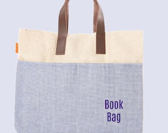 Book Lover Gift Book Bag Book Bag Bookworm Tote Bag for Readers Book Lover Blue Jute Tote Bag Leather Handles Teacher Bookish Bibliophile
