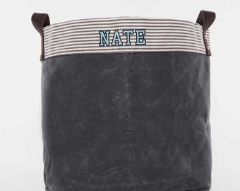 Monogrammed Toy Bucket Personalized Waxed Canvas Storage Basket Custom Storage Soft Basket Personalized Storage Tub Bucket
