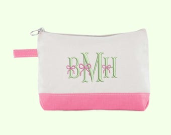 Bridesmaid Makeup Bag Personalized Monogram with Bows Cosmetic Pouch Wedding Party Bridal Shower Hostess Thank You Teacher Gift