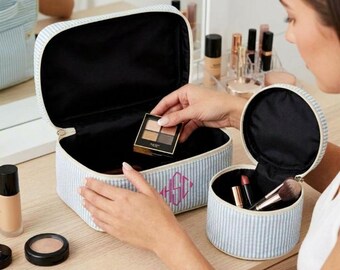 Monogrammed Pinstripe Travel Set Canvas Round Accessory Cases Cosmetic Pouch Preppy Striped Travel Pair Bridesmaid Gift BFF Birthday
