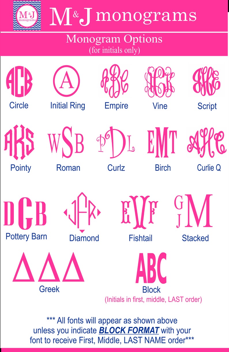 Puede incluir: Gr&aacute;fico rosa y blanco que presenta opciones de monogramas para iniciales. La imagen muestra varios estilos de fuente, incluyendo Circle, Empire y Block, con el texto "M&J monograms" en la parte superior. Se proporcionan instrucciones para la personalizaci&oacute;n del monograma.
