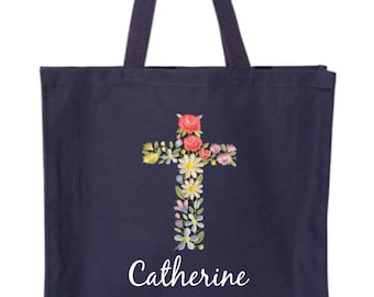Personalized Bible Tote Bag Church Library Easter Gift First Communion Religious Present Sunday School Supply Carrier Canvas Work Cross