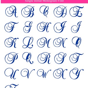 May include: A digital display of the M&J monograms single initial monogram font, featuring the letters A through Z in a dark blue, cursive, calligraphic script style. The text M&J monograms and Single Initial Monogram Font appear at the top.
