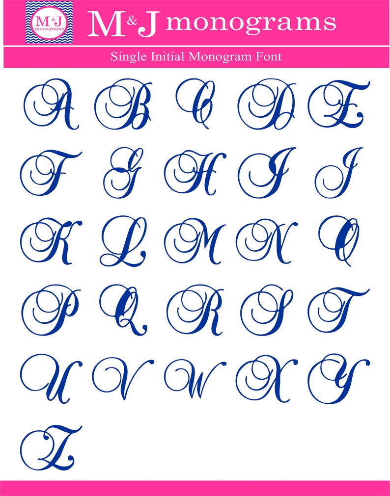 May include: A digital display of the M&J monograms single initial monogram font, featuring the letters A through Z in a dark blue, cursive, calligraphic script style. The text M&J monograms and Single Initial Monogram Font appear at the top.