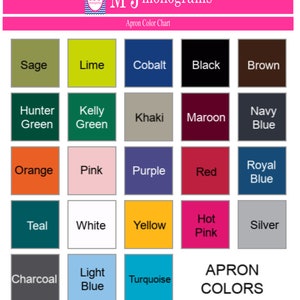 May include: A colour chart displaying 18 different apron colours. The colours are arranged in a grid of 5 columns and 4 rows. The colours include sage, lime, cobalt, black, brown, hunter green, kelly green, khaki, maroon, navy blue, orange, pink, purple, red, royal blue, teal, white, yellow, hot pink, silver, charcoal, light blue, and turquoise. The text "APRON COLORS" is at the bottom of the chart.