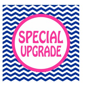 May include: A white circle with a pink outline on a blue and white chevron background. The text "SPECIAL UPGRADE" is written in pink inside the circle.