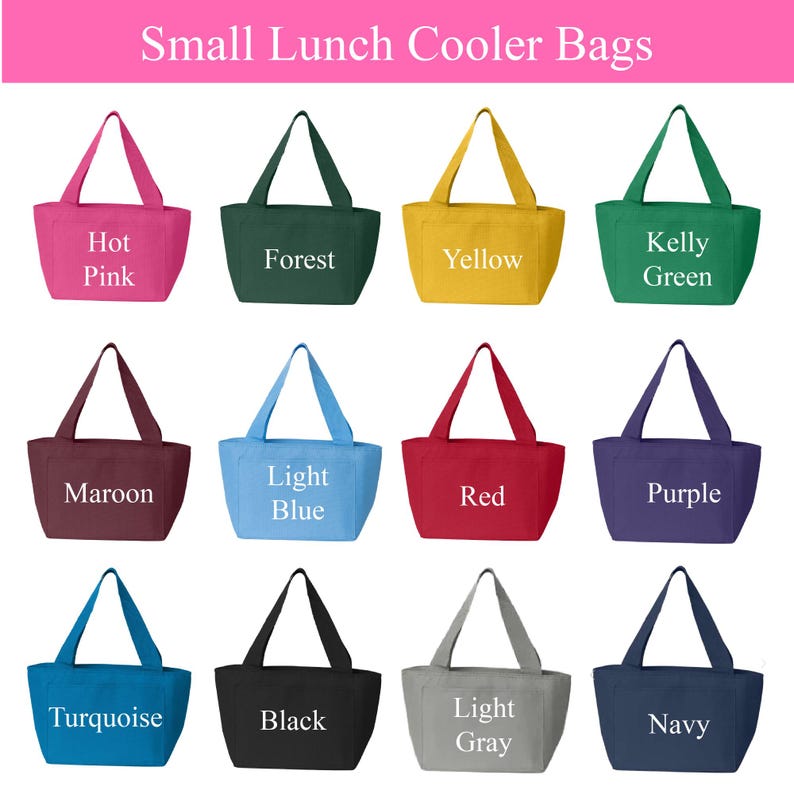May include: A collection of twelve small lunch cooler bags in various solid colors including hot pink, forest green, yellow, kelly green, maroon, light blue, red, purple, turquoise, black, light gray, and navy, each with two handles.