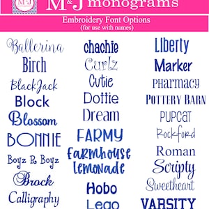 May include: A digital chart titled M&J monograms Embroidery Font Options displaying a list of various blue font styles on a white background. The text includes names like Ballerina, Birch, BlackJack, Block, Blossom, Bonnie, Boyz R Boyz, Brock, Calligraphy, chachie, Curlz, Cutie, Dottie, Dream, FARMY, farmhouse, lemonade, Hobo, Lego, Liberty, Marker, PHARMACY, POTTERY BARN, PUPCAT, Rockford, Roman, Scripty, Sweetheart, and VARSITY.