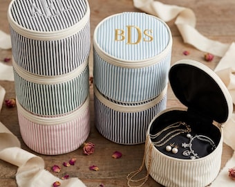 Monogrammed Jewelry Travel Case Canvas Round Makeup Case Cosmetic Pouch Preppy Striped Travel Set Bridesmaid Gift BFF Birthday