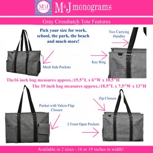 May include: Gray crosshatch tote bag with black handles and trim. Features include mesh side pockets, a key ring, zip closure, and a pocket with a Velcro flap. Available in 16-inch (39.4 cm) or 19-inch (48.3 cm) widths.