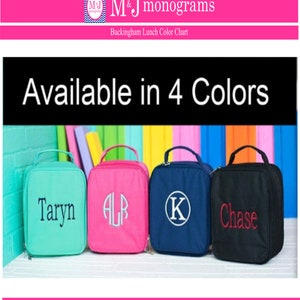 May include: Four lunch bags in different colors: teal, pink, navy blue, and black. Each bag has a different monogram embroidered on the front: Taryn, ALR, K, and Chase.