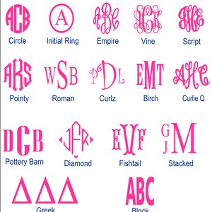 May include: A pink and white chart titled M&J monograms displaying various monogram font options including Circle, Initial Ring, Empire, Vine, Script, Pointy, Roman, Curlz, Birch, Curlie Q, Pottery Barn, Diamond, Fishtail, Stacked, Greek, and Block.