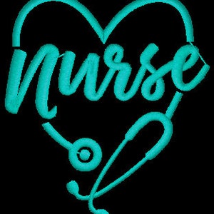 May include: Teal blue stethoscope in the shape of a heart with the word "nurse" written inside the heart.