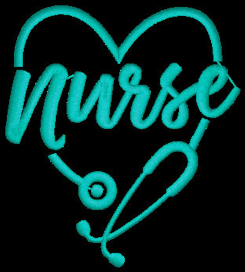 May include: Teal blue stethoscope in the shape of a heart with the word "nurse" written inside the heart.