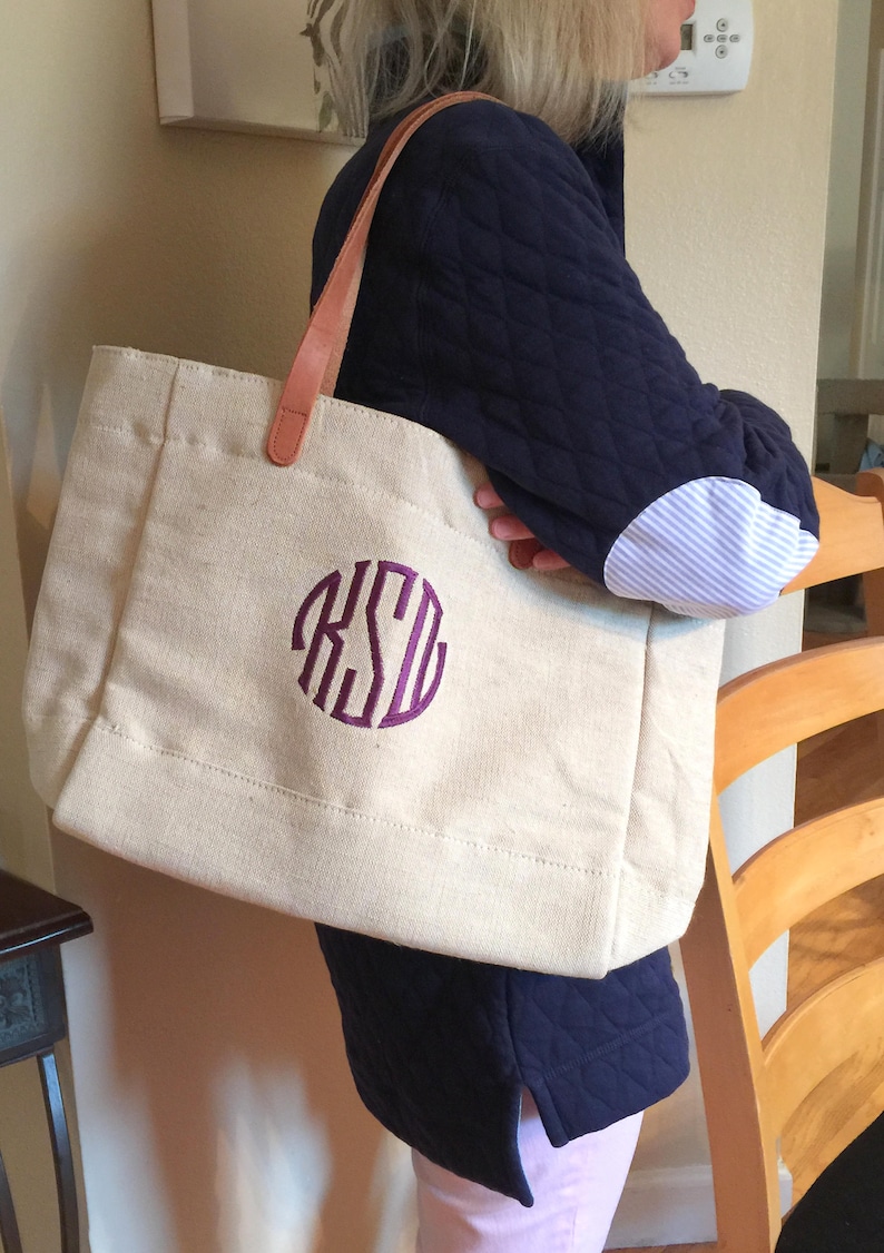 Travel Bag Bridesmaid Gift BFF Gift Destination Wedding Genuine Leather Handles Linen and Leather Tote with Seal Monogram