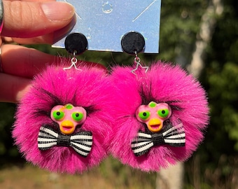 Pompom Furby-Inspired Earring PAIR | Dangle 2" PomPom | BoneBurrow