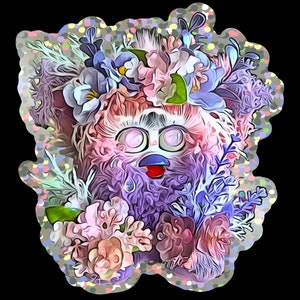May include: A purple and pink fluffy creature with a red tongue wearing a crown of flowers. The flowers are pink, white, and blue. The creature is surrounded by a sparkly background.