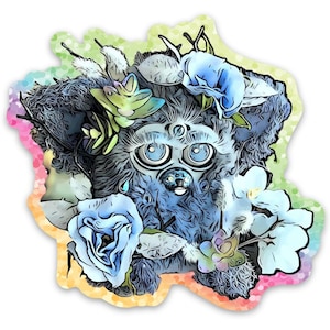 Könnte beinhalten: Ein blaues und weißes pelziges Wesen mit großen Augen und einer kleinen Nase, umgeben von blauen und weißen Blumen. Das Wesen trägt eine Blumenkrone und hat einen skurrilen, cartoonartigen Stil.