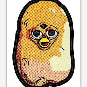 May include: Pop art style print featuring a yellow Furby-like creature with three eyes, a yellow beak, and a black outline. The text "BONEBURROW" is printed along the bottom edge of the image. The background is white.