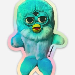 May include: A blue and white fuzzy toy with googly eyes and a yellow beak. The toy is wearing a blue and white outfit and has a rainbow background.