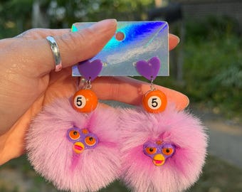 Pompom Furby-Inspired Earring PAIR | Dangle 2" PomPom | BoneBurrow