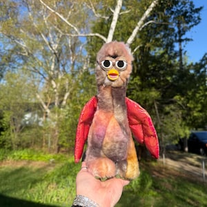 May include: A plush toy bird with a brown head, large black eyes, and a yellow beak. It has red wings and a multicolored body with shades of purple, orange, and brown. The toy is held in a person's hand against a backdrop of green grass and trees.