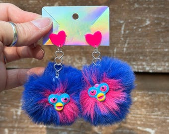Pompom Furby-Inspired Earring PAIR | Dangle 2" PomPom | BoneBurrow