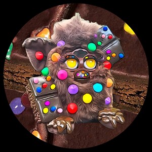 May include: A digitally-created image of a brown creature with large yellow eyes and colourful candy-like decorations. The creature has a furry texture and is set against a dark background.