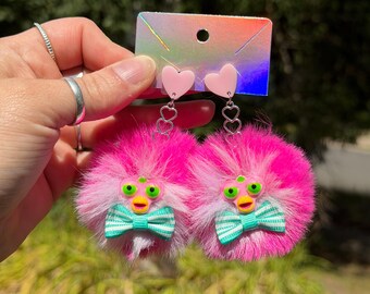 Pompom Furby-Inspired Earring PAIR | Dangle 2" PomPom | BoneBurrow