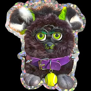 May include: A black and green furry toy with a purple spiked collar and a yellow tennis ball. The toy has large green eyes and a black nose.