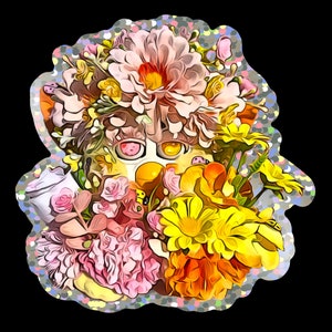 May include: A fluffy, white toy with a pink nose and yellow eyes is surrounded by a variety of colourful flowers, including pink, yellow, and orange.