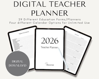 May include: Digital teacher planner with the text "2026 Teacher Planner" on a tablet screen. The image includes a digital download graphic and displays various education forms and calendar options. The planner is designed for Goodnotes.