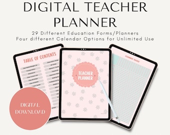 May include: Digital teacher planner with a pink and white design. The image shows three tablets displaying planner pages, including a table of contents, assignment tracker, and a teacher planner page. The text reads "Digital Download."
