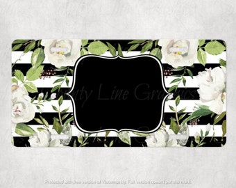 Monogram License Plate - Black and White Stripes - Rose Print Design Personalized Auto Car Tag - Monogram Vanity Plate - Gifts for Her