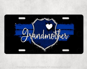 Grandmother Back The Blue License Plate - Blue Line Badge Series Gift - Public Safety Vanity Plate - Police Family Law Enforcement Car Tag