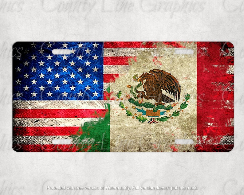 Mexican American Flag License Plate Custom Design Auto Car Tag Mexican American Auto Vanity Plate Gifts for Her Gifts for Him image 1