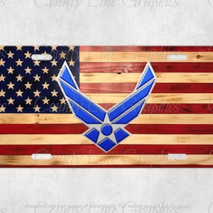 USAF Air Force License Plate - American Flag Military Wood Grain Plate - Air Force Auto Car Tag - Military Vanity Plate - Air Force Gift