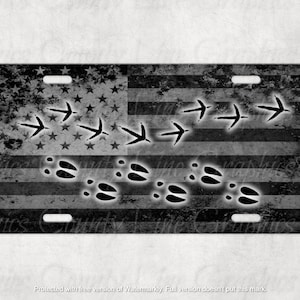 American Flag License Plate - Deer and Turkey Track Imprints Graphic Vanity Plate - Hunting Vehicle Plate - Wildlife Tracks - Hunter Gift