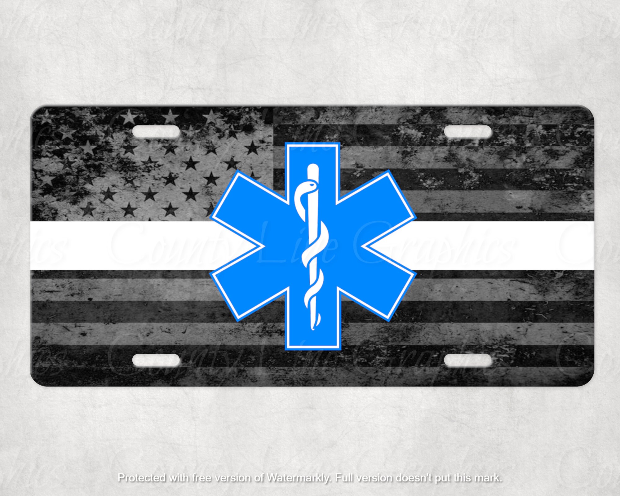 American Flag EMS License Plate - Public Safety Vanity Plate - Personalized White Line Auto Car Tag - EMS Gift